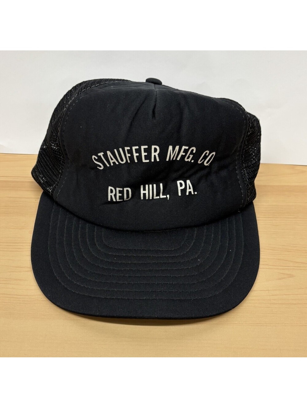 Vintage 80s AJD Trucker Hat Snapback Stauffer Mfg Co Red Hill PA Black Mesh L